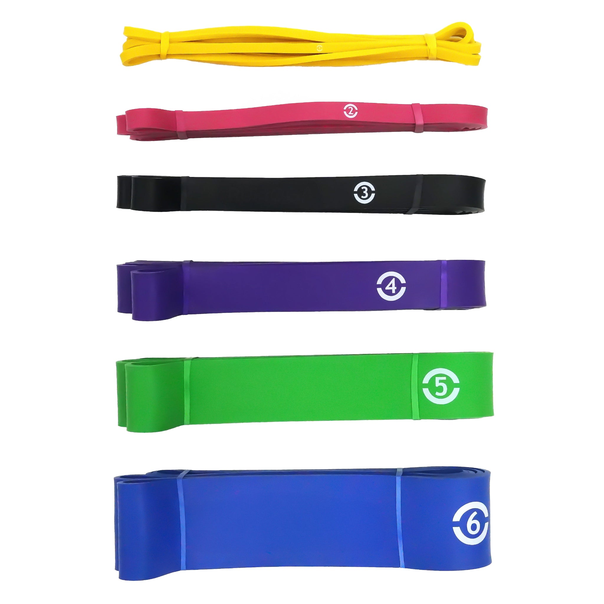 Set of resistance bands in various colors on a white background